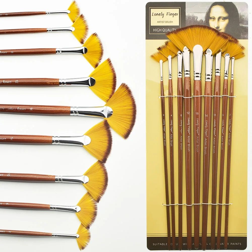 مجموعة فرش مروحة مكونة من 9 قطع من فرش الفنان المصنوعة من النايلون المضاد للفقدان للألوان المائية والأكريليك والحبر والغواش والزيت ولوحة درجة الحرارة