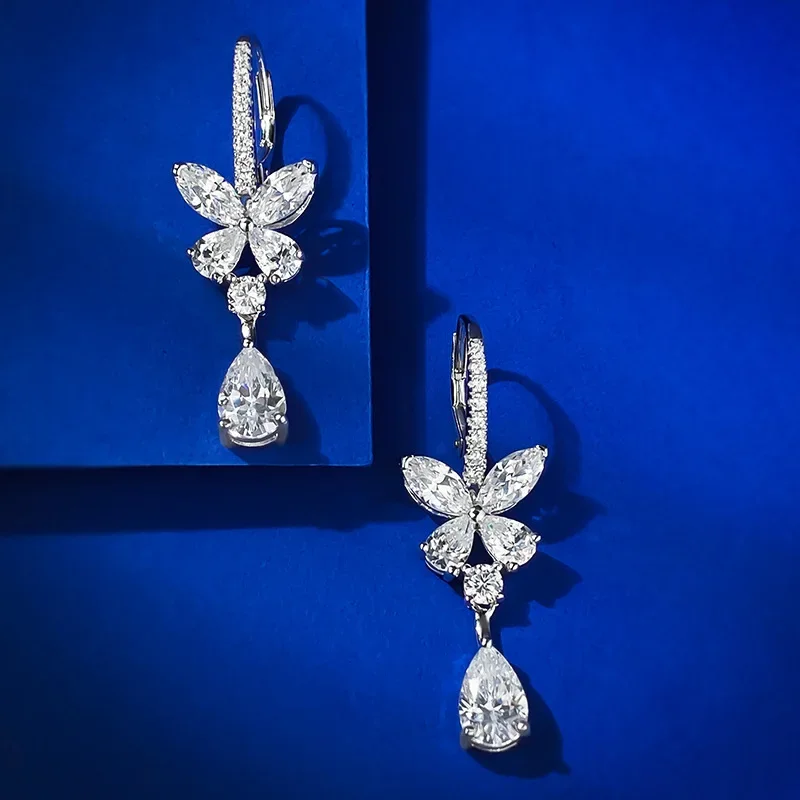 Flower Water Drop Moissanite Diamond Dangle Earring 100% Real 925 Sterling Silver Wedding Drop Earrings for Women Bridal Jewelry