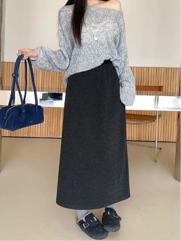 

plus Size Fashionable Woolen Skirt High Waist Knee-Length Versatile Mid-Length Over-Knee Skirts for Autumn Winter