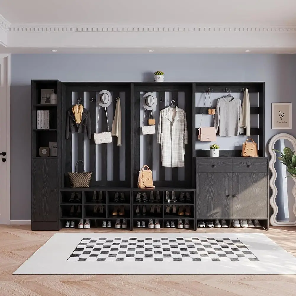 

Многофункциональная черная скамейка для прихожей с 16, местом для хранения обуви, 12 крючками, шкафом, ящиками и регулируемыми кубиками