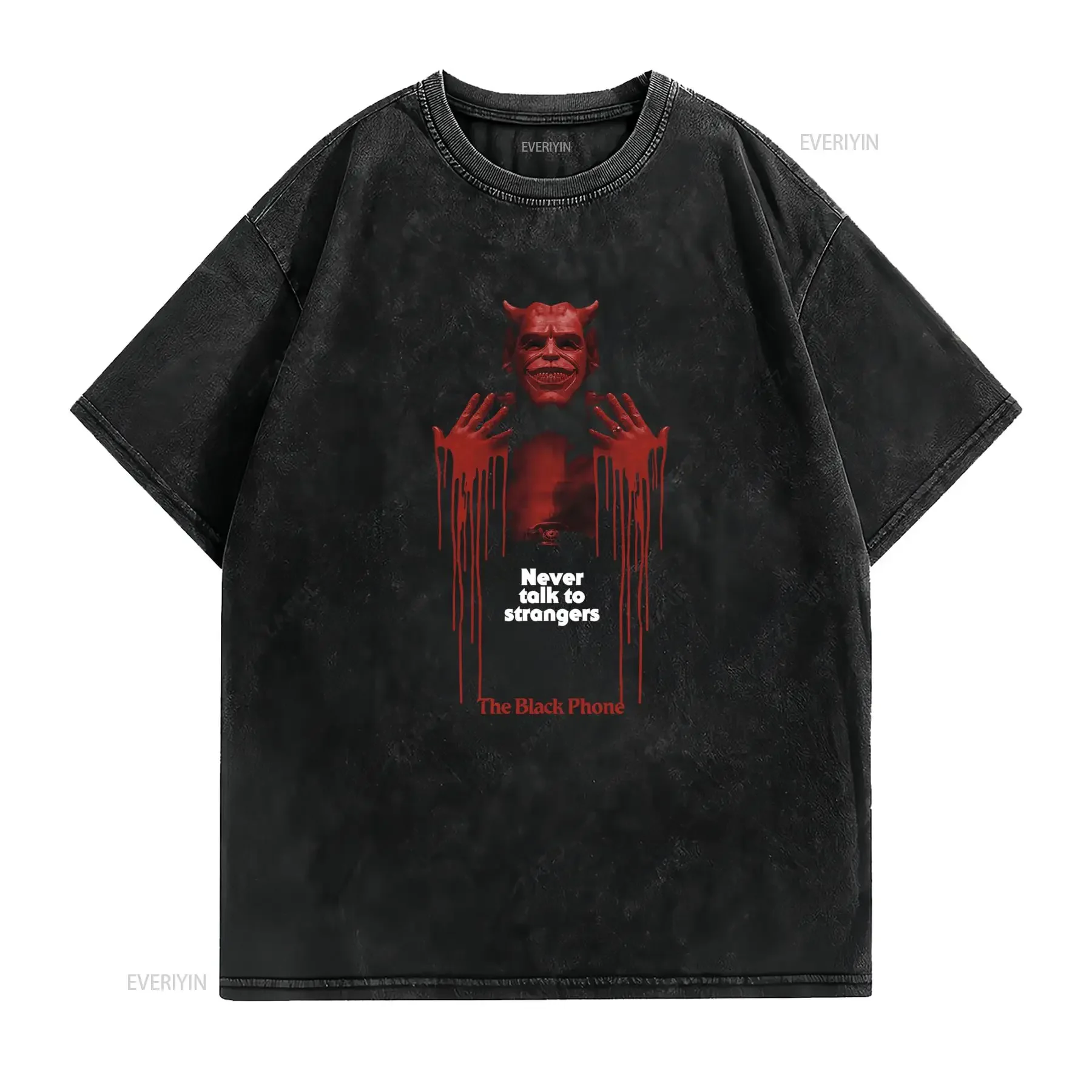 Gothic Horror The Black Phone Movie Grabber Demon Never Talk to Strangers Casual Streetwear T Shirt vintage Washed Slightly