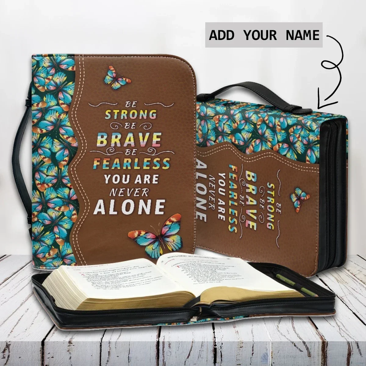 2024 Personality Handle Holy Storage Study Boxes Be Strong Be Brave Print Butterflies Design Women’s  Bible Cover Case Customize