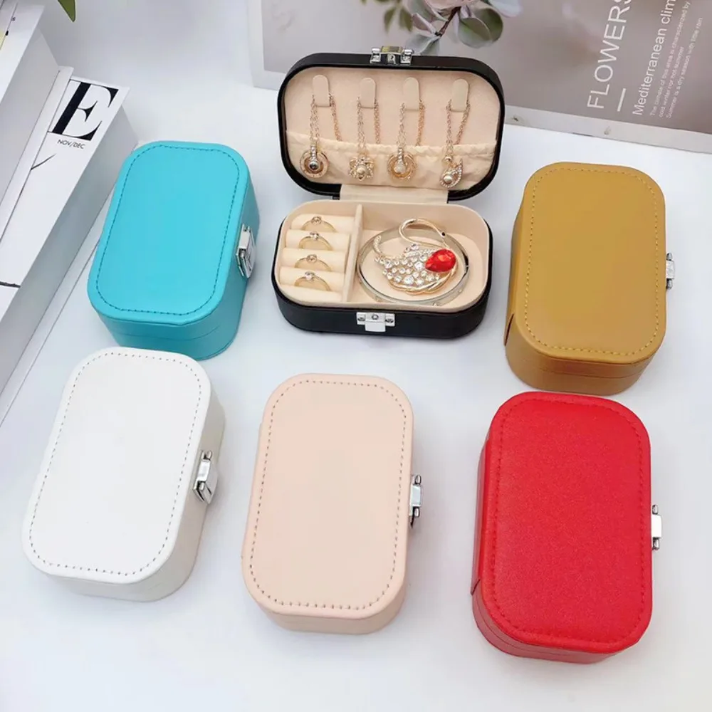 

Macaron Color Leather Jewelry Organizer Box Rectangle Multi-functional Earring Storage Case Portable Classic Trinket Storage Box