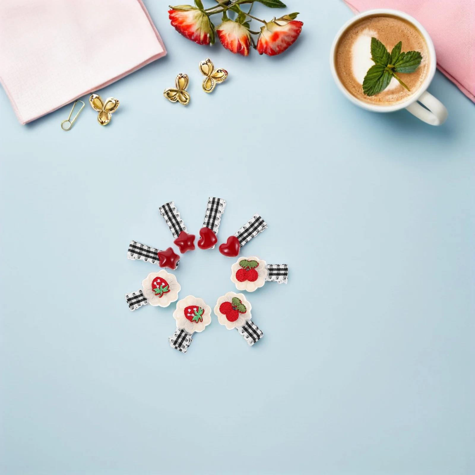 

Cherry Embroidery Duckbill Hair Clips Checkered Plaid Design Non-Slip Fruit Shape Barrettes For Women Girls Holiday Kids