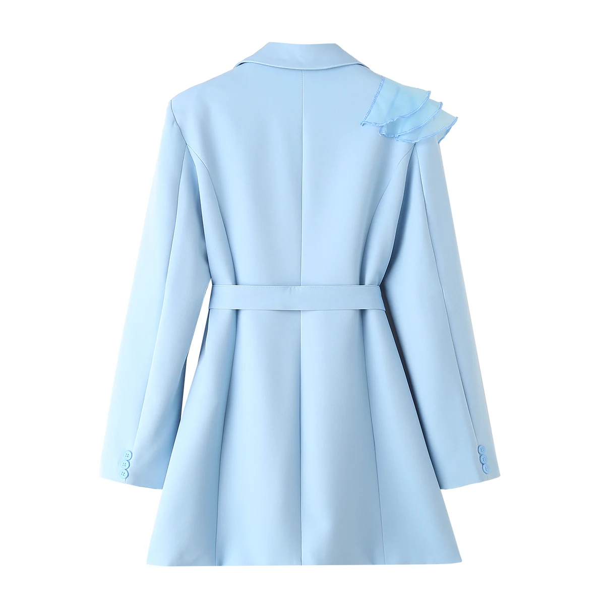 Tangada 2024 Women Blue Ruffles Blazer Coat With Slash Long Sleeve Pockets Female Suit DA010