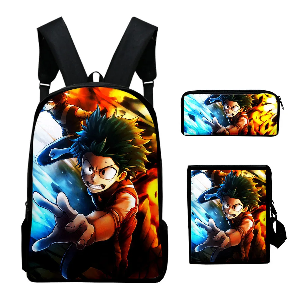 Mochila escolar con estampado 3D de My Hero Academia para ordenador portátil, bolso de hombro inclinado, estuche para lápices, moda clásica, Juego de 3 unidades