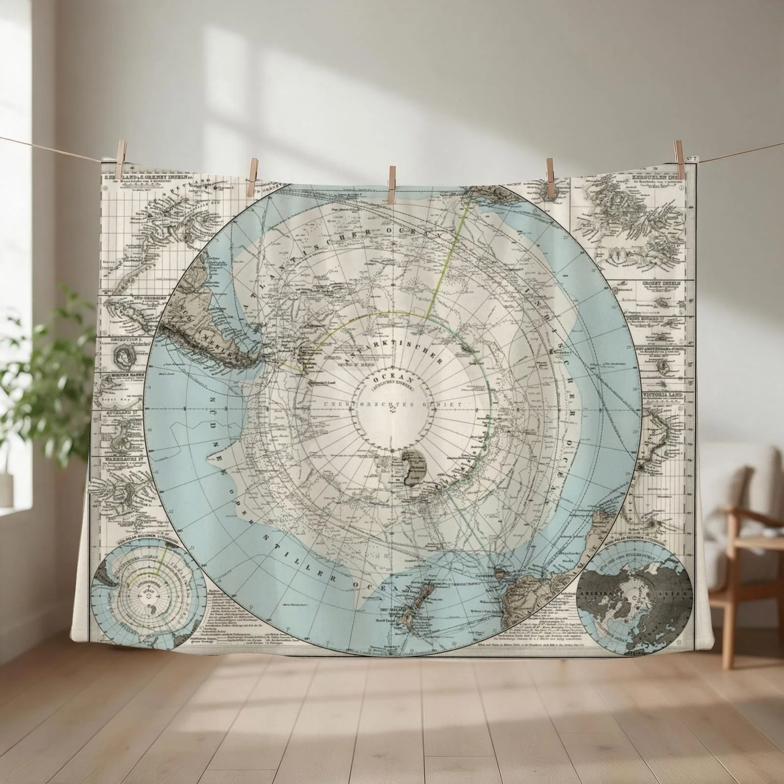 Antarctica, 1894 Vintage South Pole Map Throw Blanket couch cozy soft plush fuzzy picnic outdoor blanket