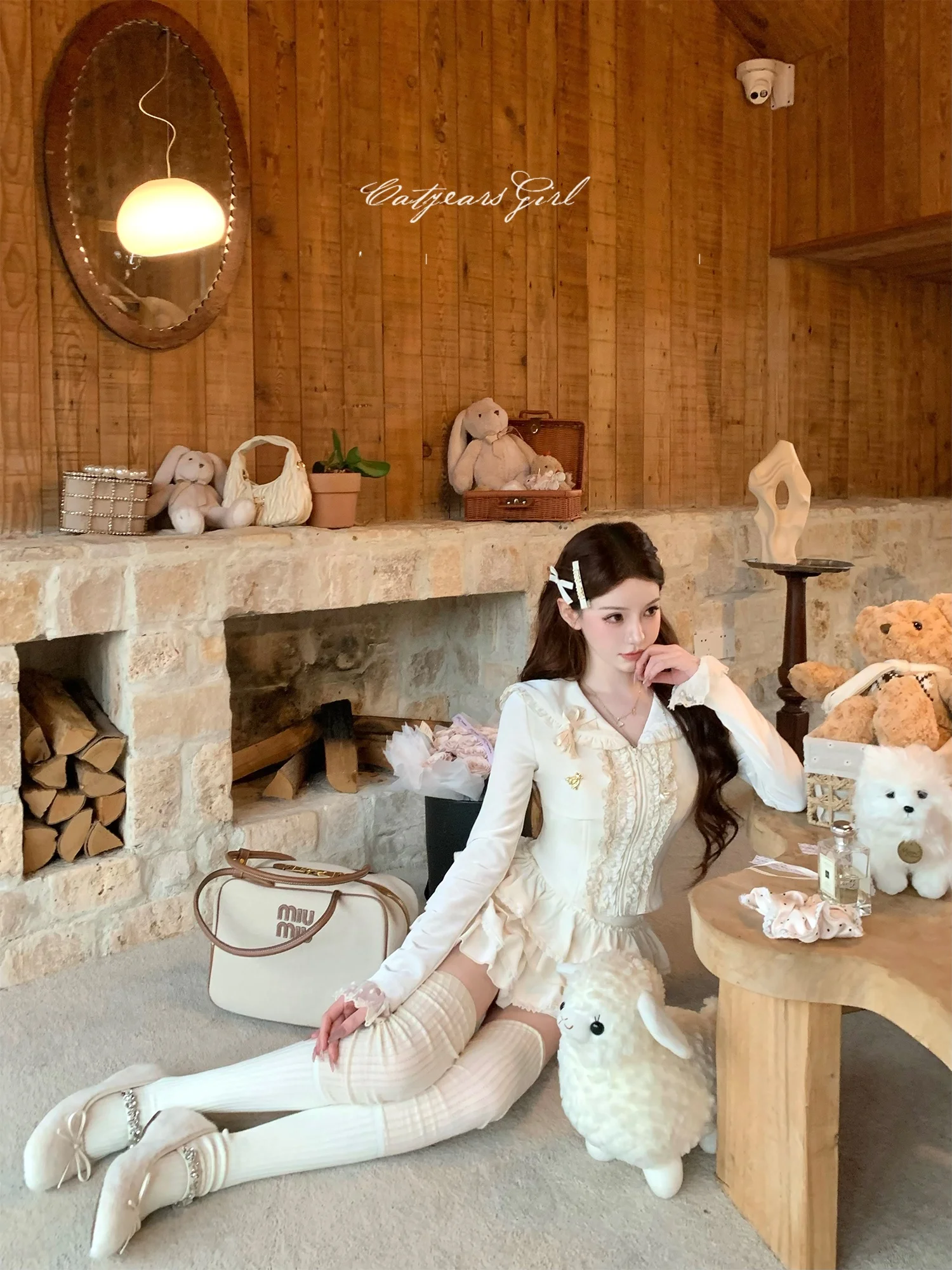 

years Navy Collar ort Coat Women's Faion Spring Autumn Floral Lace Waist Cinched Puff Sve Biscuit Color Blo Set