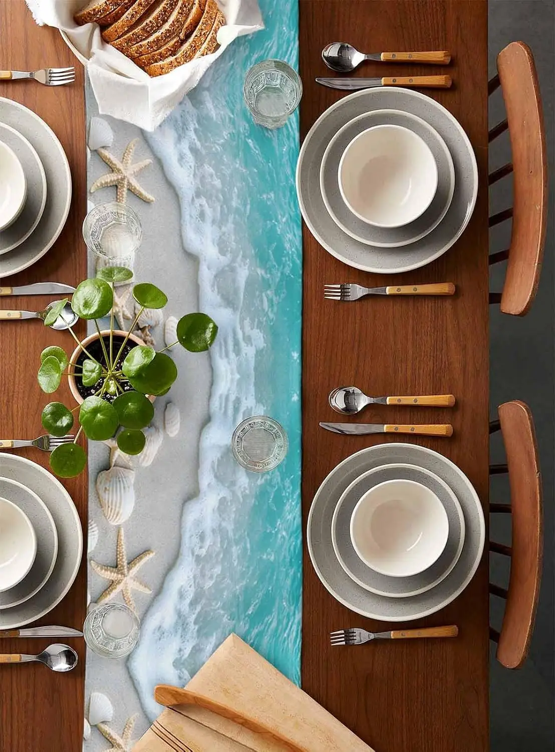 Ocean Beach Water Waves Sea Shell Linen Table Runner Dresser Scarves Decor Farmhouse Kitchen Dining Table Runner Party Decor