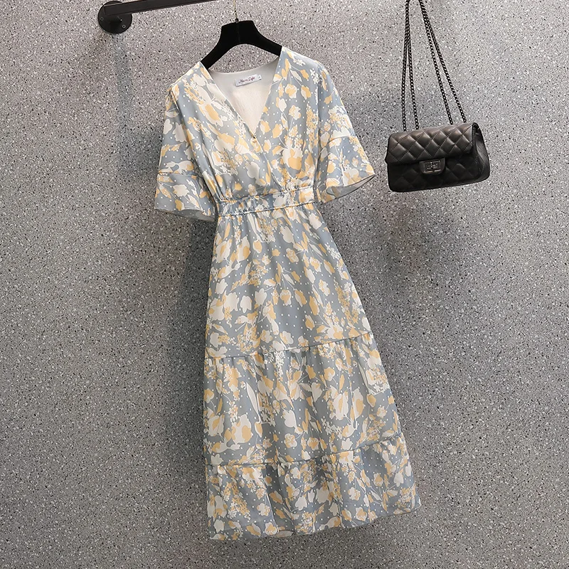 2024 Nieuwe Bloemen Chiffon V-Hals Ruches Midi Jurk Vrouwen Boho Light Casaul Strandjurk Zomer Koreaanse Elegante Bodycon Nachtjurk