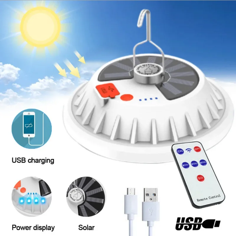 LED Solar Bulb Lamp USB Rechargeable Camping Tent Light Portable Remote Emergency Night Market Lantern Light Outdoor Hiking Lamp