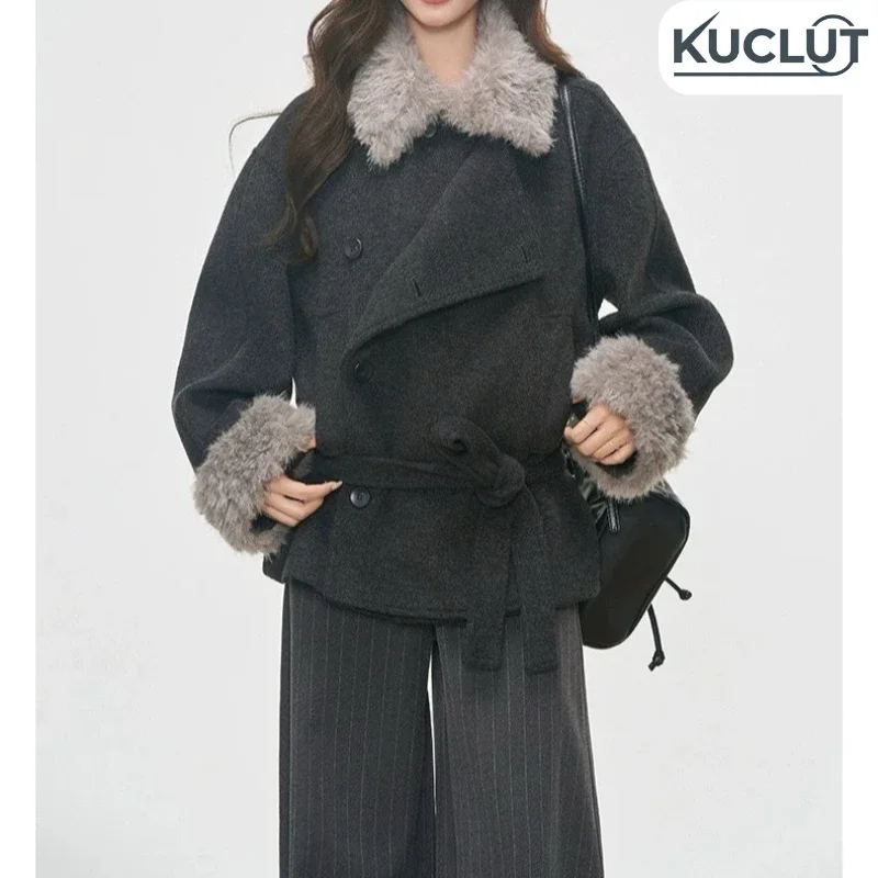 Women Fur Collar Jacket Plus Size Gray Tweed Coat Women Fall Winter New Korean Vintage Belted Waist Elegant Wool Blend Outerwear