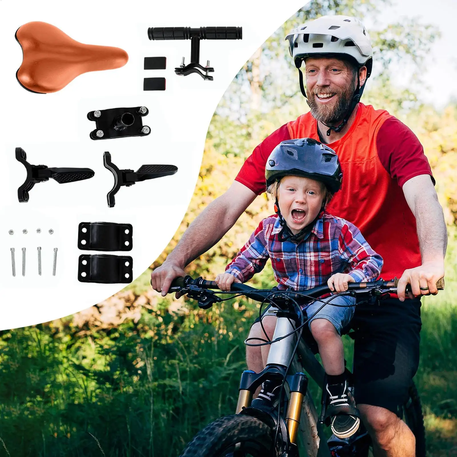 キッズバイクシートフロントマウント安全フロントマウント幼児用バイクパッド入りシートフットペダル付きサイクリング用品軽量サドル