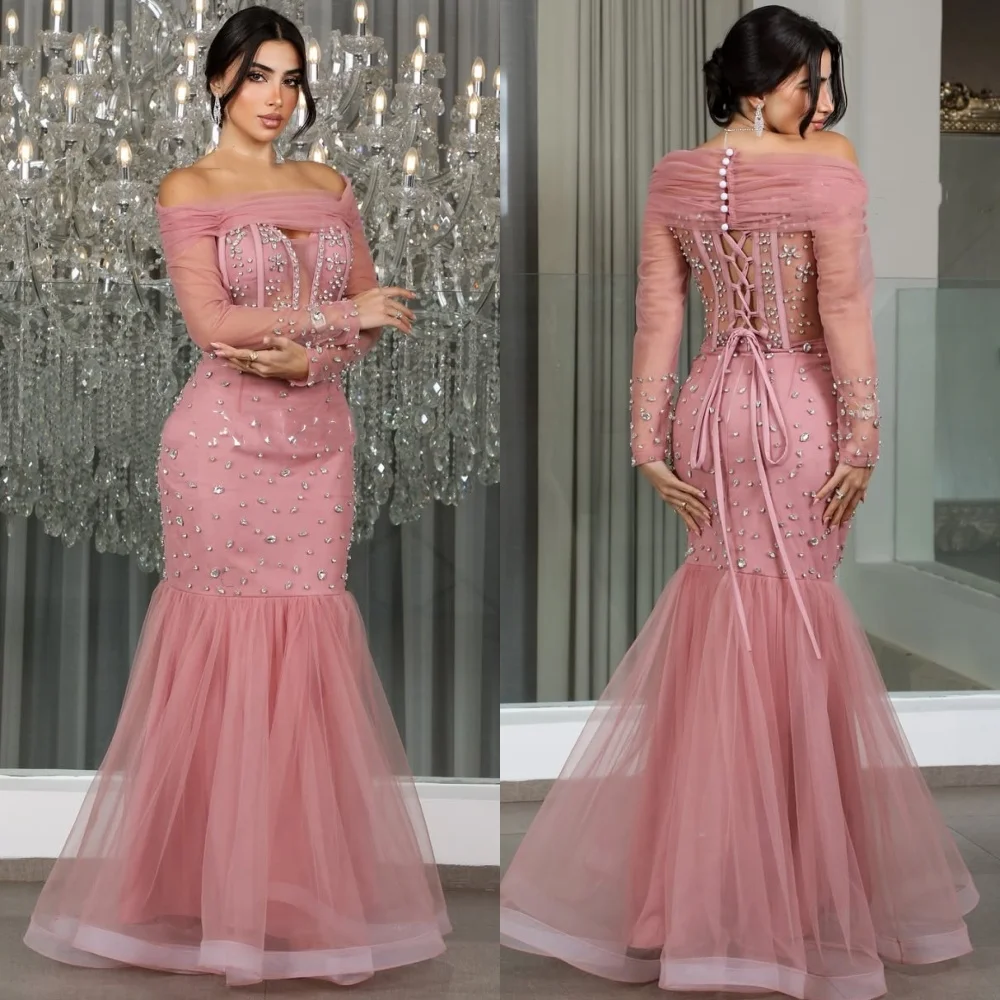 

Customized High Quality Fashion Tulle Rhinestone Ruched Mermaid Off-the-shoulder Long Dresses Bespoke Occasion Dresses Matching