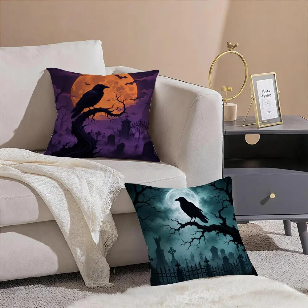 Halloween Raven Cushion Cover Pillowcase Short Plush Invisible zipper Room Sofa Cushion Cover