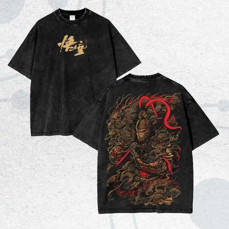 Black Myth Wukong Washed T-shirt New Model personality Clothes Oversized Unisex Vintage Loose Trendy Cotton Harajuku Breathable
