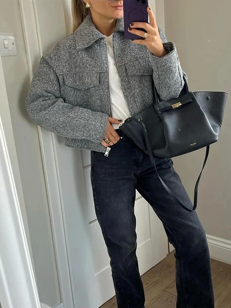 HH Vintage Frauen Weiche Wolljacke 2024, Langarm Mit Tasche, Reißverschluss, Kunstpelzmantel, Mode, Weibliche Kleidung, Oberbekleidung