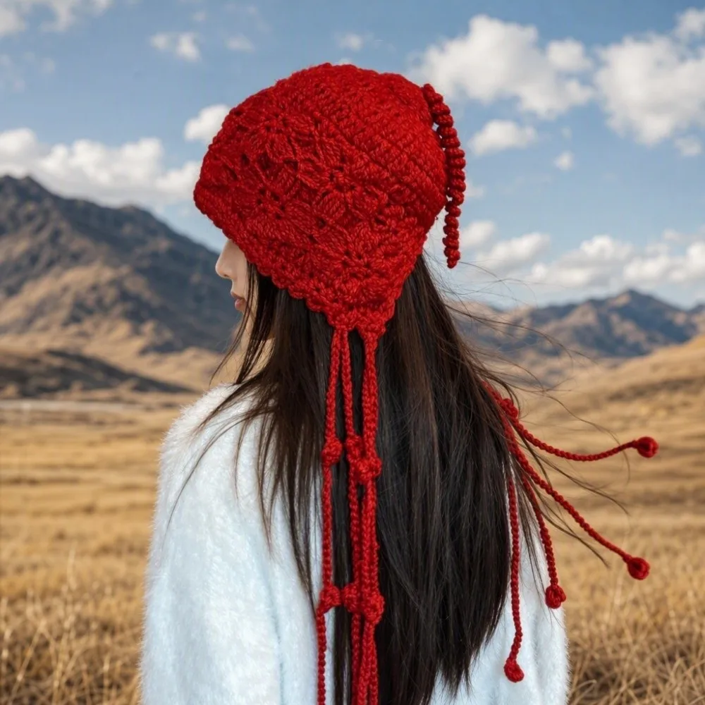 New Flower Knitted Crochet Hat with Tassels Ear Protector Mesh Pullover Hat Hollowed Out Braided Turban Hat Outdoor