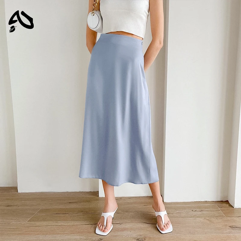 

Original Women's Half Length Skirt Retro Korean Satin Solid Color Elegant High Waist Fashionable Side Zipper Skirt 한국인 리뷰 많