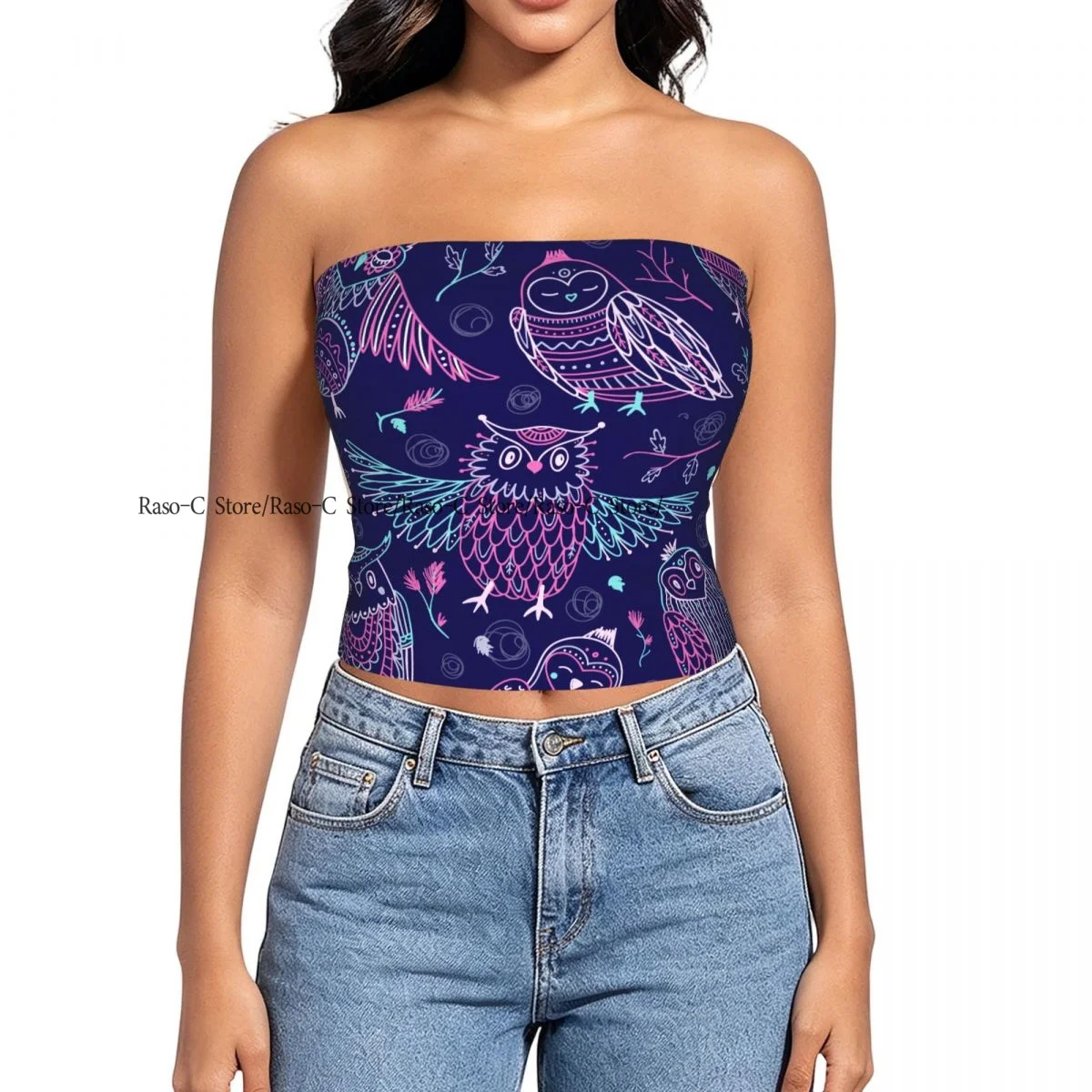 Women's strapless halter top Cute Owls Tribe Floral Pattern summer sexy short-sleeved top