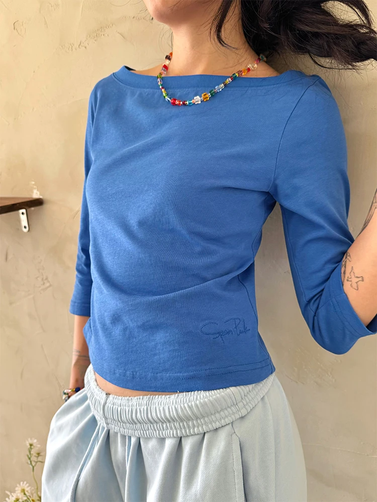 

Женская хлопковая футболка SpenPa Lake Blue с вышивкой, дизайном воротника Arcane, приталенная, повседневная, с эффектом подчеркивания изгиба плеч