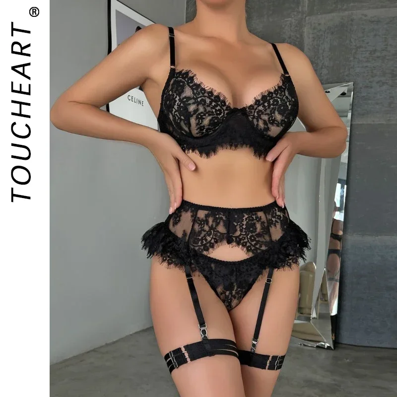 

Toucheart 4 Piece Set Sexy Lace Underwear Set For Women Mesh See-Through Garters Solid Color Women's Underwear Sexy Lingerie Set