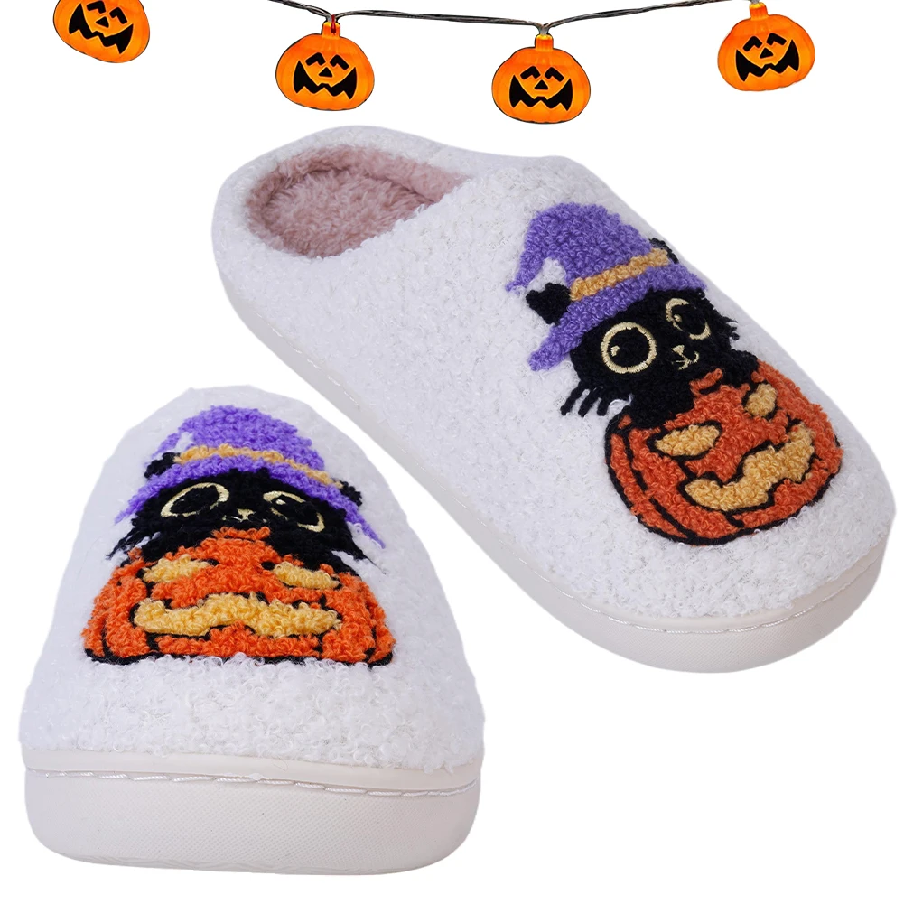

Теплая домашняя обувь без шнуровки с черным котом и тыквой, удобные мягкие меховые тапочки, нескользящие нечеткие тапочки с закрытым носком для домашней спальни