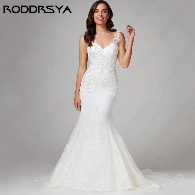 RODDRSYA Sexy Lace Mermaid Wedding Dress Backless Spaghetti Straps vestido de novia princesa Elegant V-Neck Tulle Bridal Party