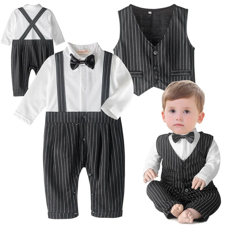 Baby Boy Gentleman Formal Suit Long Sleeve Romper Vest Suit Infant Strap Jumpsuit Newborn Wedding Birthday Party Costume