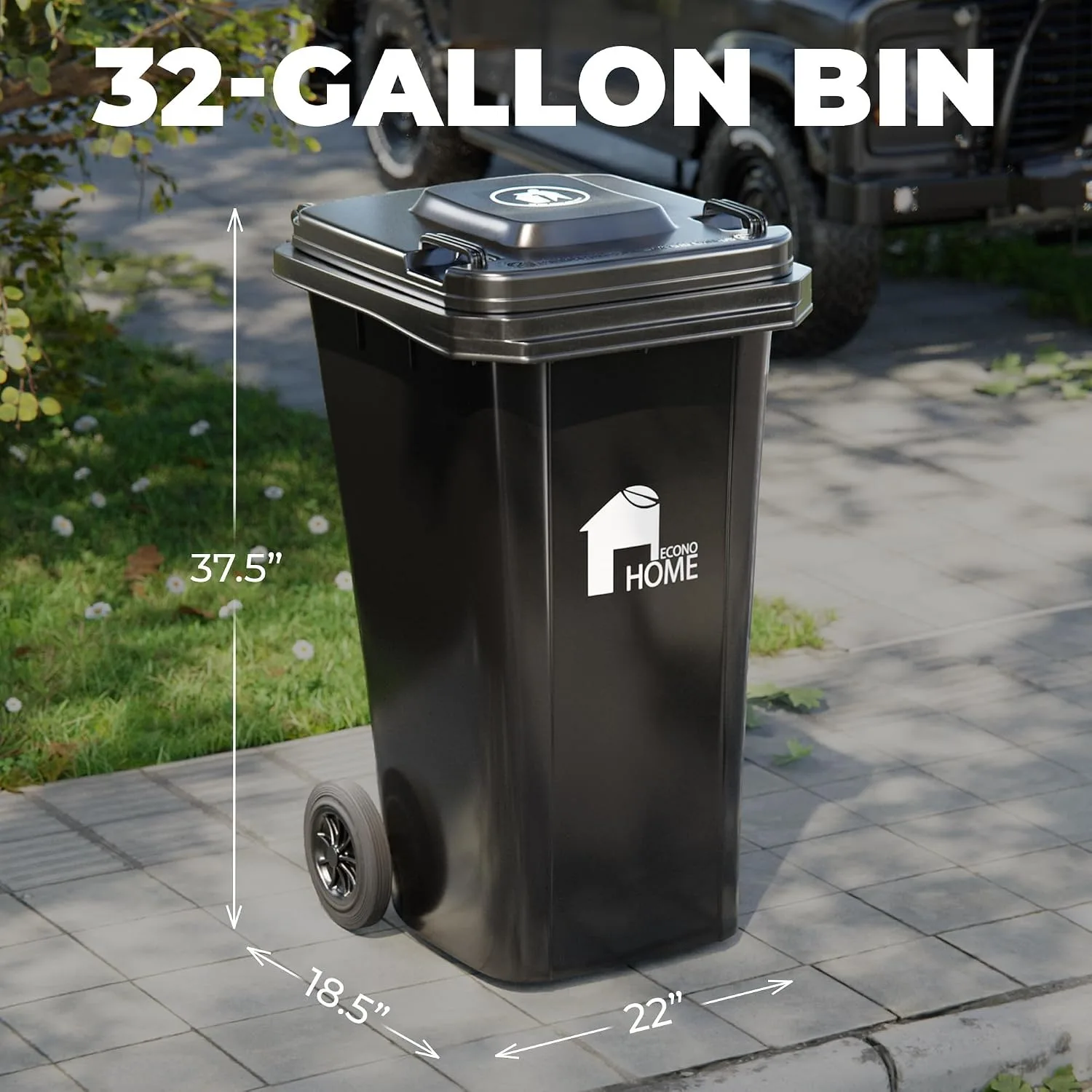 Outdoor Garbage Can with Lid - 32 Gallon Trash Can for Backyard, Deck, Garage - Dual Wheels, Extra Heavy-Duty, Durable Handle - Versatile Home & Commercial Storage Container - Black, 2-Pack