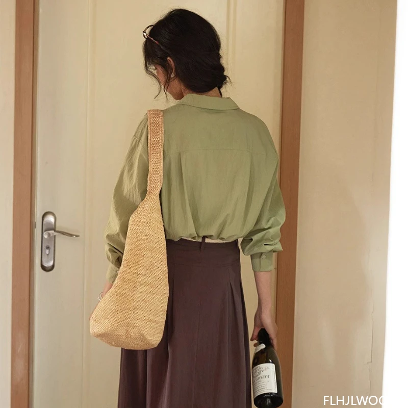 Mélanges de coton hauts chemisiers nouvelle mode Design français femmes à manches longues bureau dame bases violet vert rétro Vintage chemises