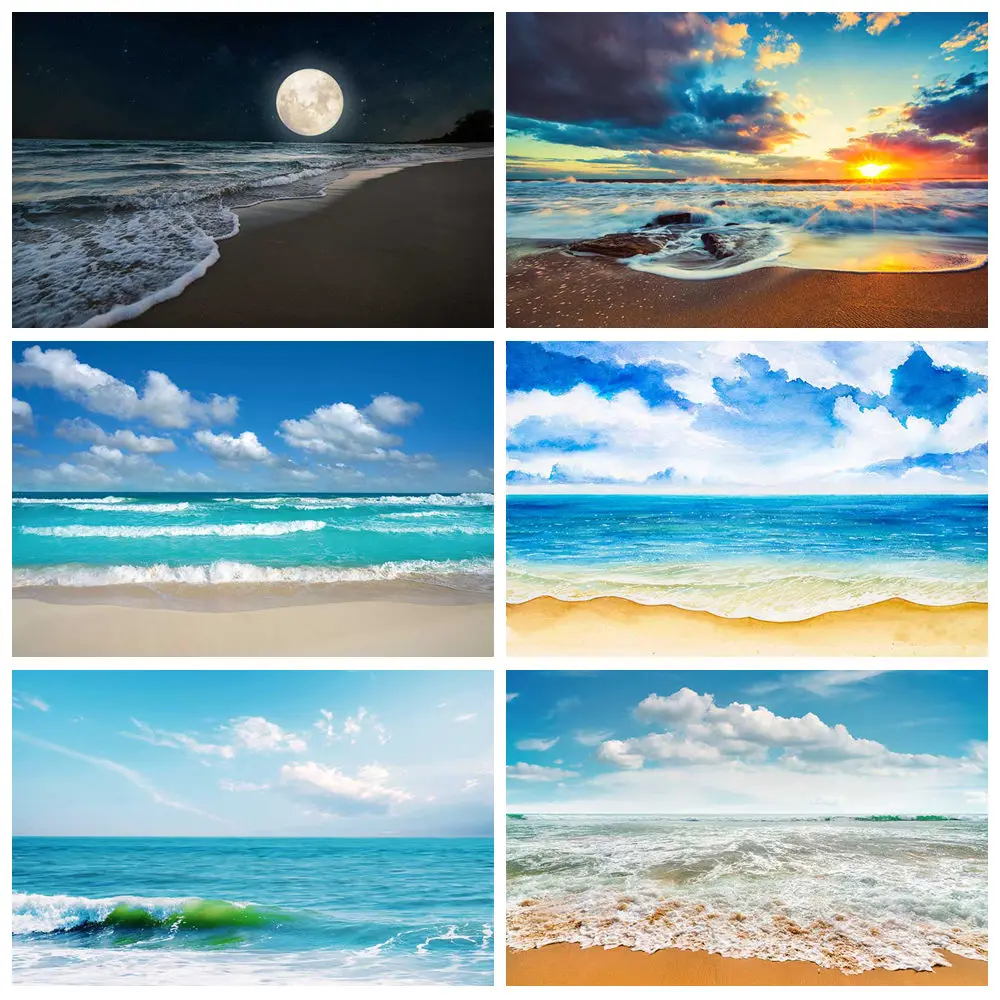 MOON.QG Blue Ocean Beach Backdrop Sunset Seaside Photography Background Tropical Summer Holiday Party  Decor Photo Shooting Prop