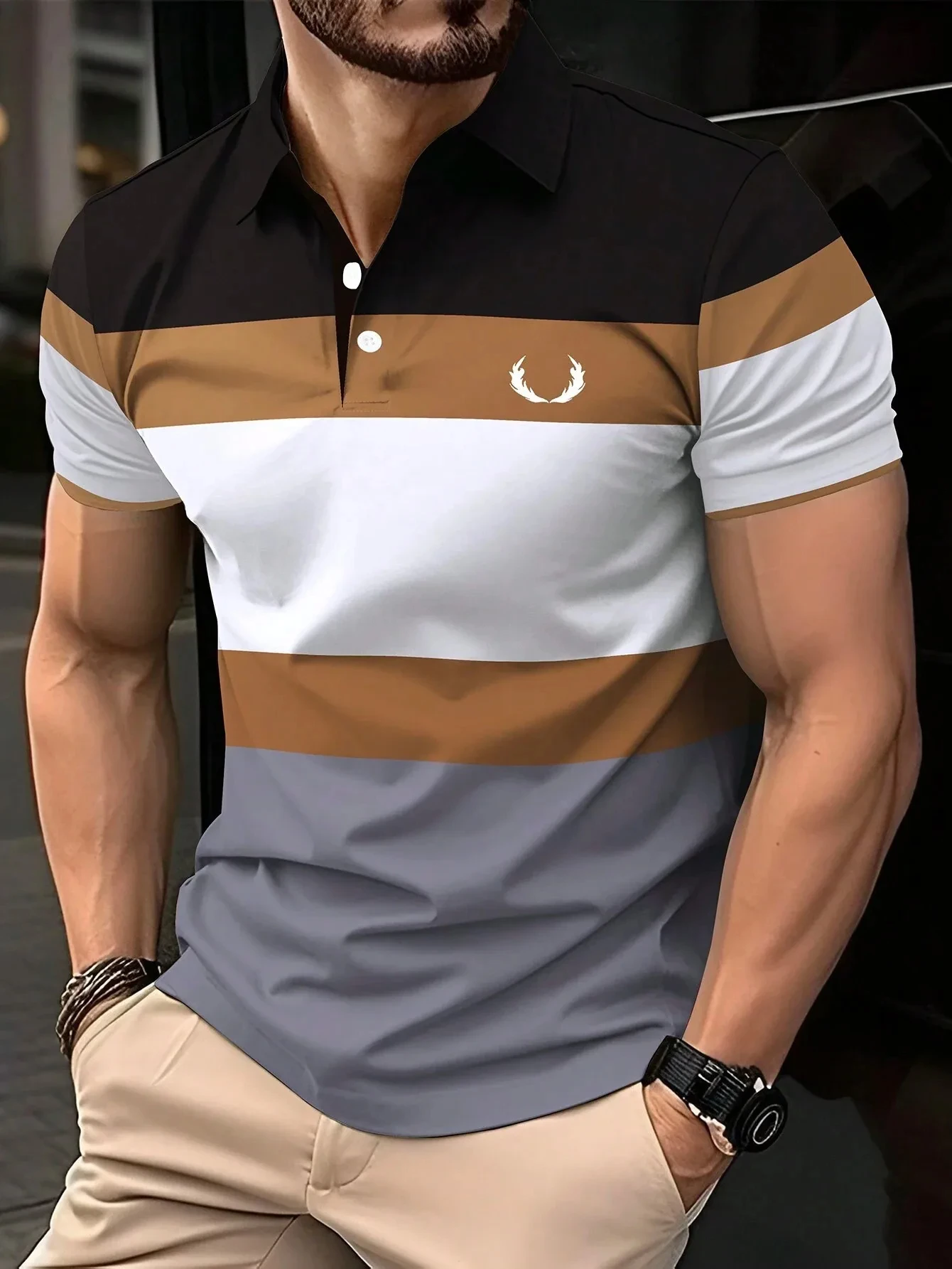 

Simple Stripe Print Men's Polo T Shirt Fashion Lapel Loose Short Sleeve Tops Business Casual Golf Clothing Comfortable T-shirts