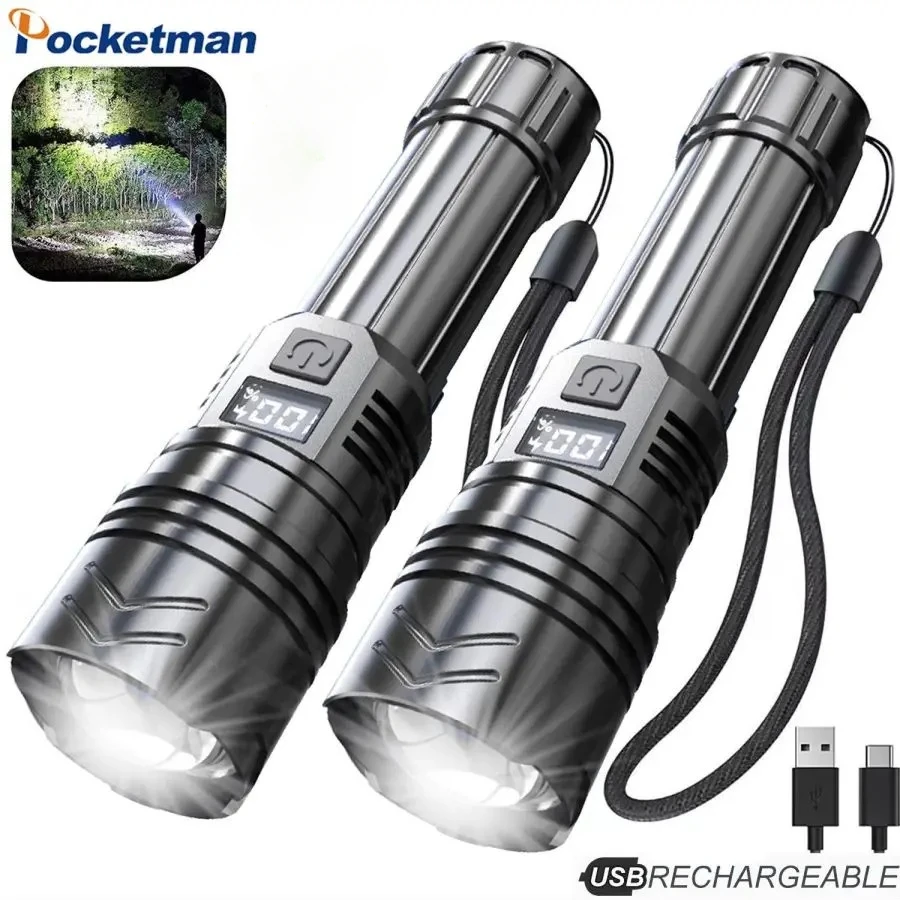 1/2 PCS High Power LED Flashlight 3 Modes USB Rechargeable Flashlights Outdoor Emergency Torch Camping Light