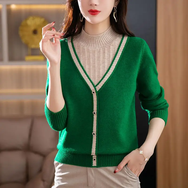 Korean Fashion Fake Two Piece Women Color Block Sweaters Spring Autumn Mock Neck Simple Loose Knitted Long Sleeve Pullovers Top