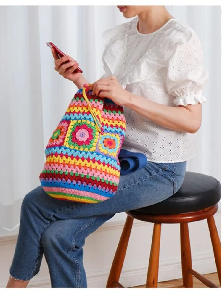 Bohemian Crochet Barrel Shaped Women Shoulder Bags Knitted Granny Square Backpacks Handmade Woven Handbag Casual Travel Bag 2023