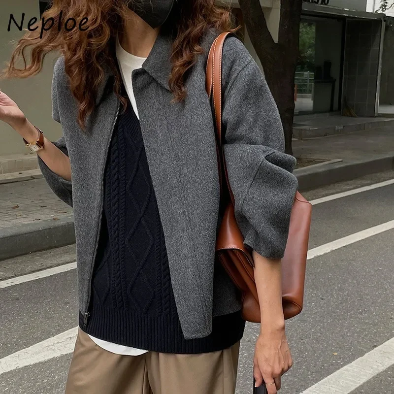 Neploe Vintage French Simple Casual Lapel Long Sleeve Woollen Coat Femme 2024 Winter Elegant Commuting Temperament Blends