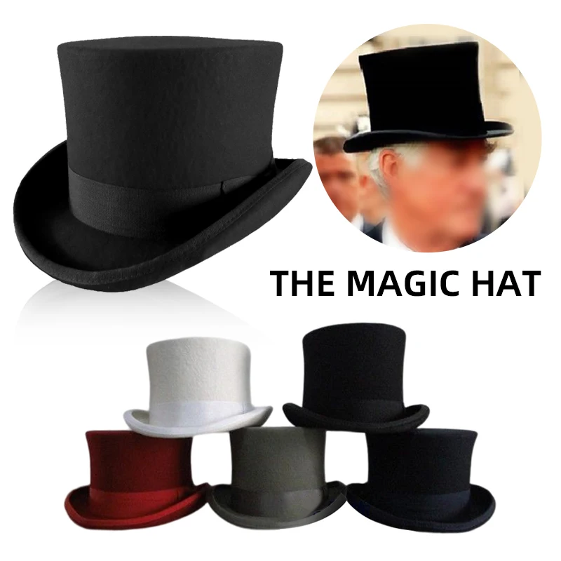 100% Wool Felt Top Hat for Men Women Cylinder High Hat Topper Dress Up Party Costume Fedora Magician Theater Hat