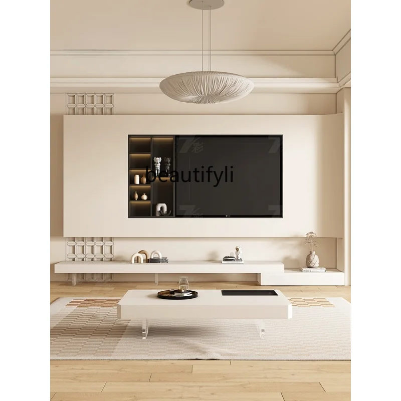 

Cream Style Stone Plate Pure White Coffee Table TV Cabinet Modern Acrylic Hanging Floating Retractable Floor Cabinet