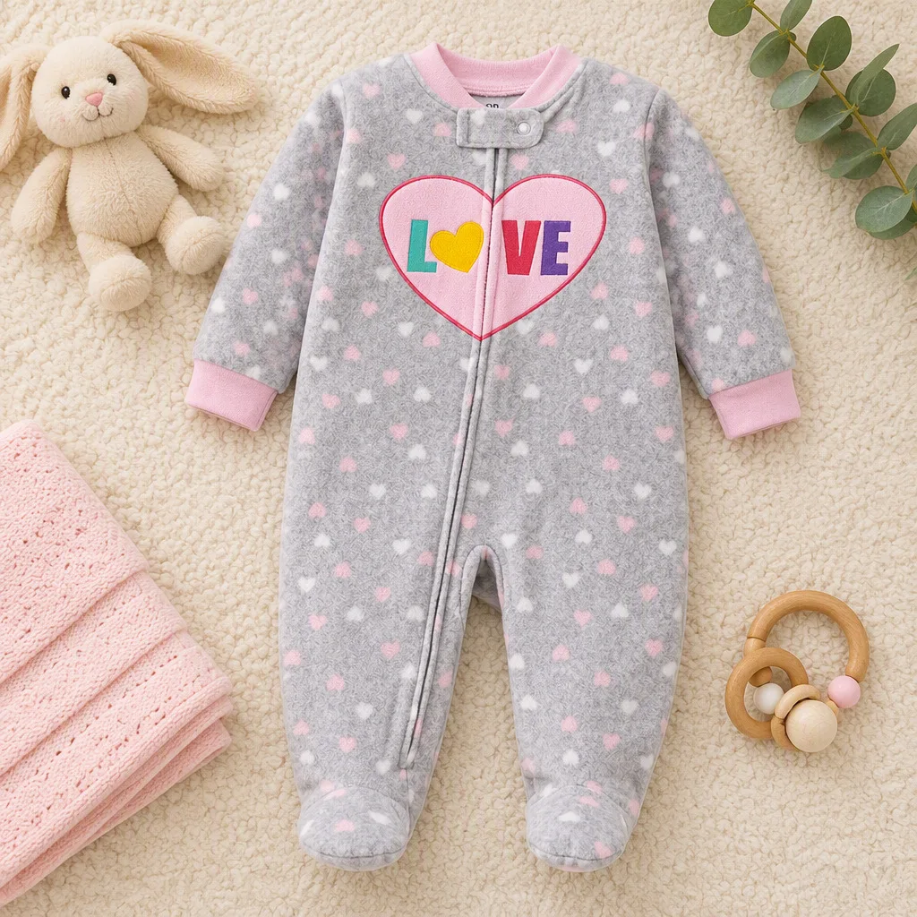 Infant Girls Polar Fleece Footed Romper Letter & Heart Embroidery Print Zip Onesie Warm Autumn Winter Newborn Baby Clothes 3-12M