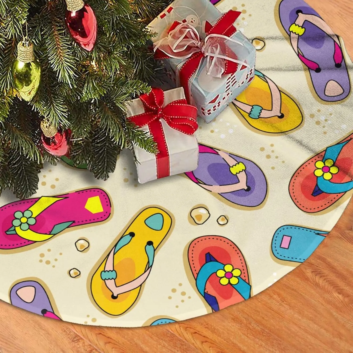 Flip Flops Beach Summer Times Christmas Tree Skirt Funny Tree Mat for Farmhouse Xmas Holiday Party Decorations Indoor Outdoor 36