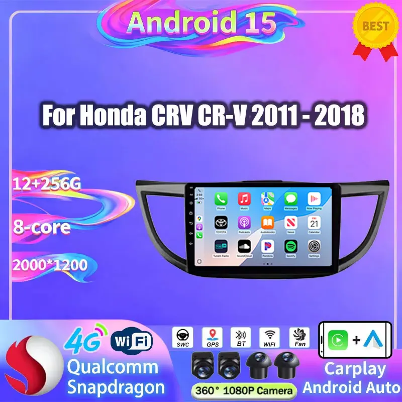 Radio para Auto Android 15 para Honda CRV CR-V 4 RM RE 2011-2018, Carplay Inalámbrico, Android Auto, DSP, 4G+5G, WIFI, Reproductor Multimedia de Video