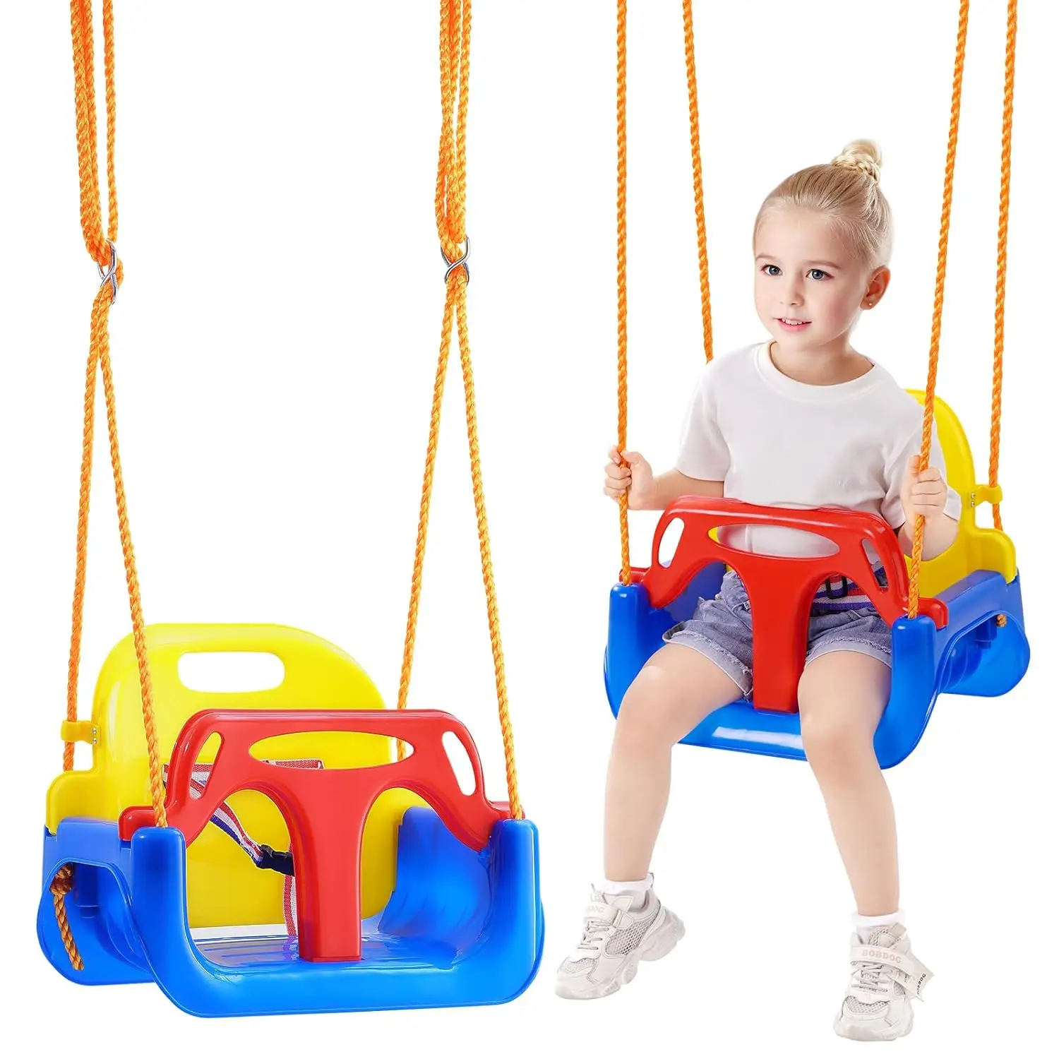 3-Schaukel für Babys ab 1 Jahr, Schaukel mit Rückenlehne und Sicherheitsgurt, für draußen und drinnen, mehrfarbig