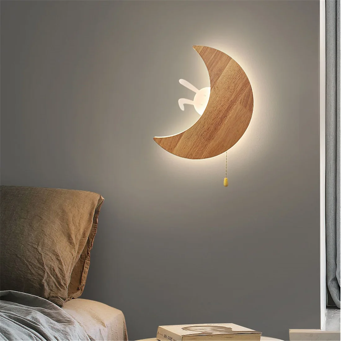 

Creative Wooden Art Moon Dolphin Saturn Led Wall Lamp With Pull Switch For Kids Bedroom Bedside Study Corridor Deco Night Lights