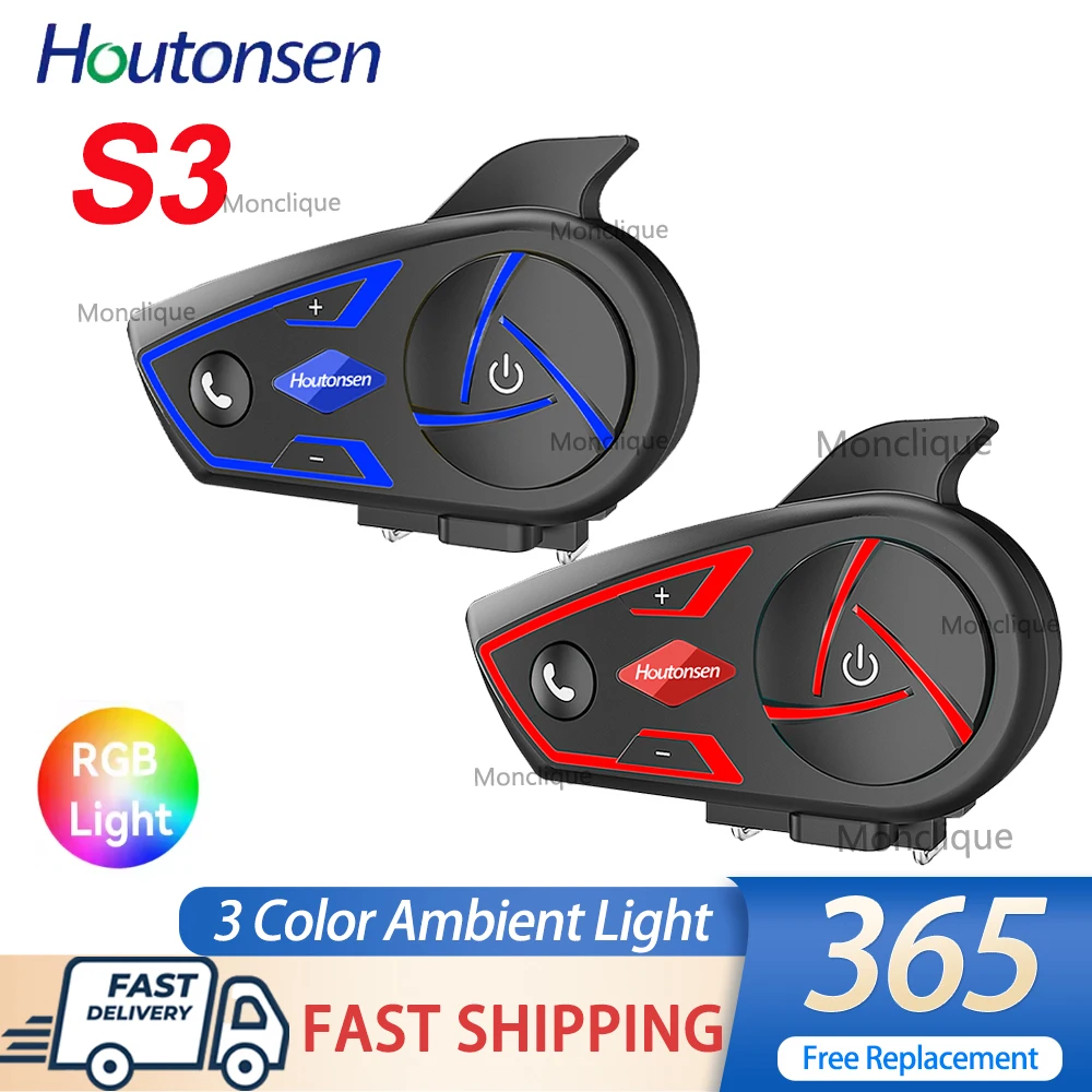 Houtonsen S3 Motorcycle Helmet Bluetooth Walkie-talkie Waterproof Noise Reduction Earphones 3-color Ambient Light Music Player
