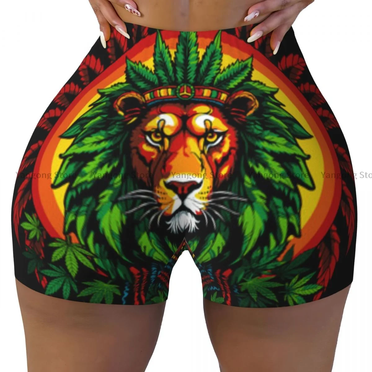 

Women's Yoga Shorts Lion With Dreadlocks Rastafarian Subculture Jamaica Scrunch Booty Butt Lifting Comfort Fitness Gym