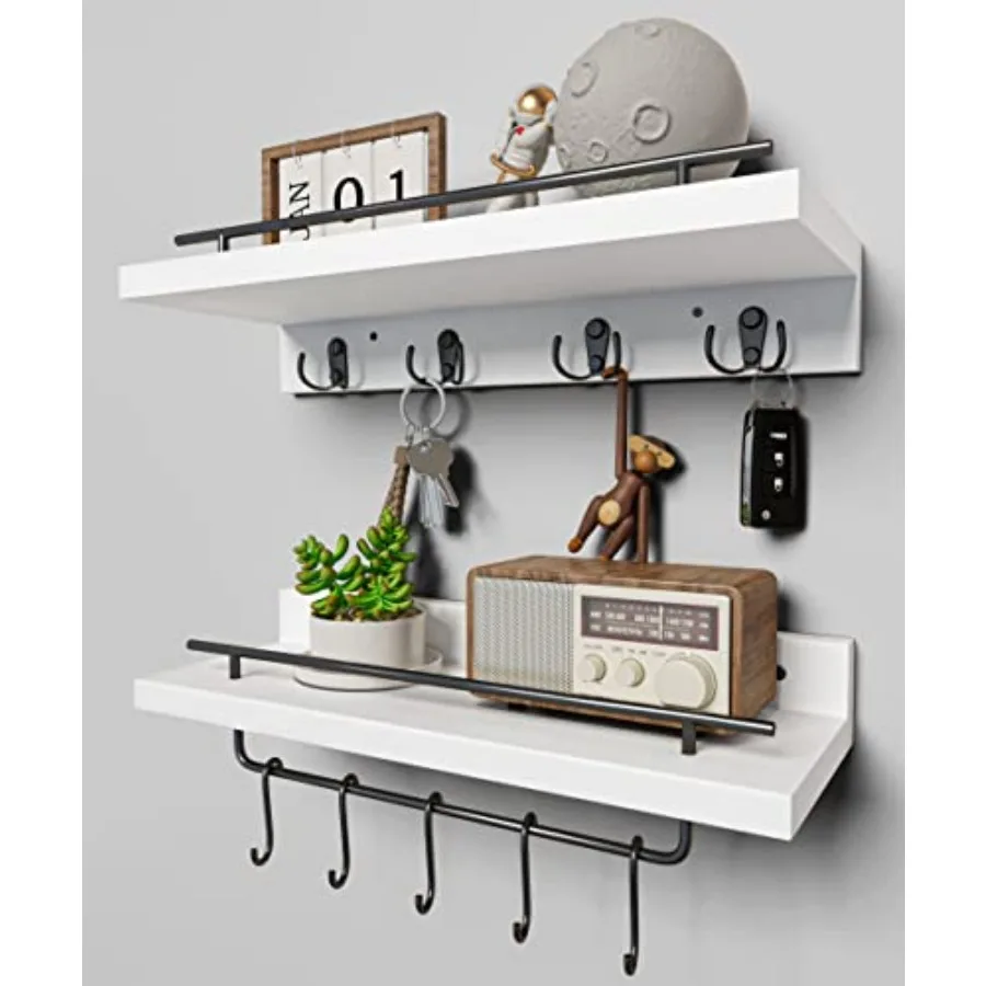 

2 Floating Shelves with Hooks Wall Mounted Coat Rack Bathroom Shelf with Removable Towel Bar Hanging Shelves with 9 Hooks