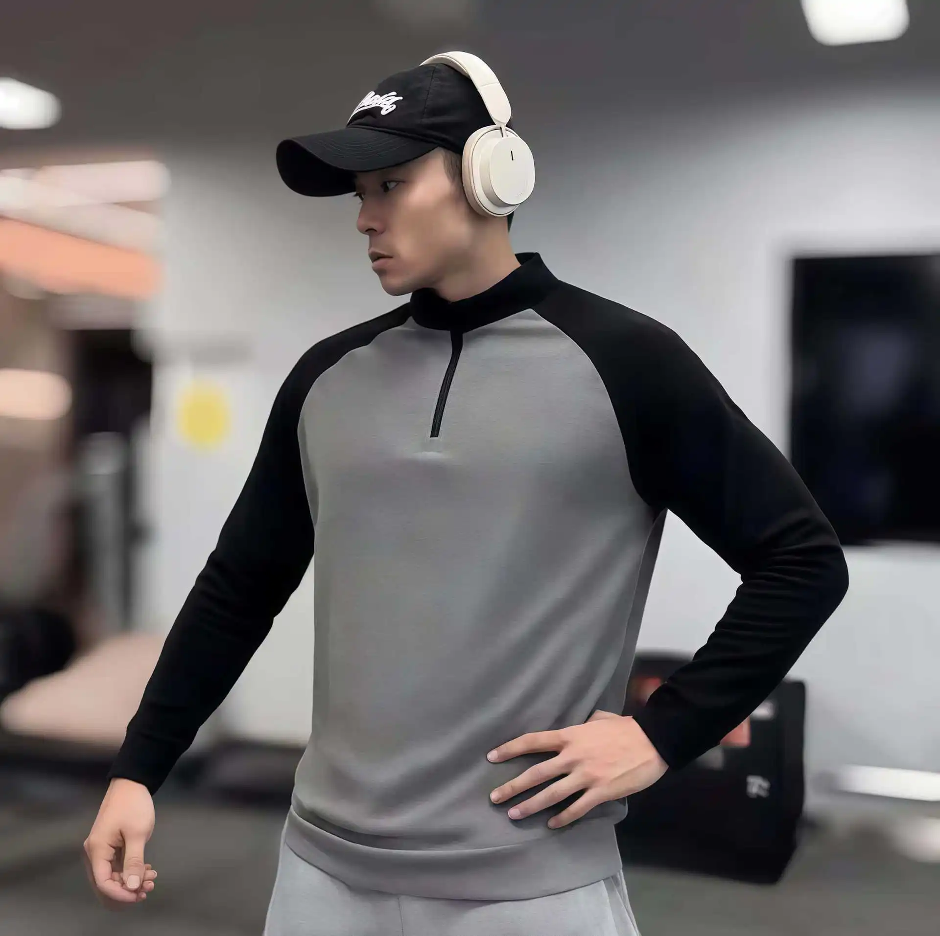 American-style Color-blocked Shoulder Strap Thickened Long-sleeved Base Layer Sports And Fitness Loose Elastic Sports T-shirt