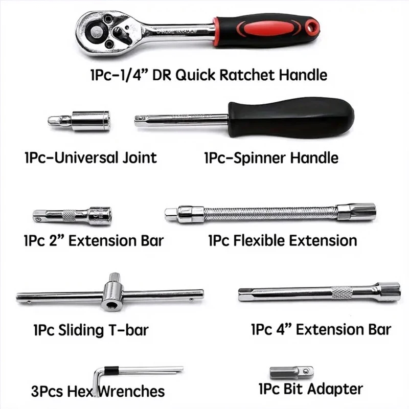 46ps Drive Socket Set 1/4 Inch Ratchet Wrench Set With Sockets Metric Hex Bit Socket Set Mechanic Tool Kits For Auto Repair Hous