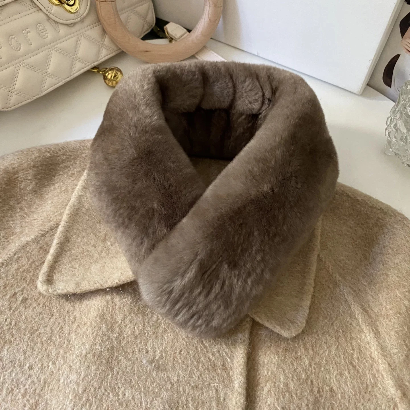 Women's Winter Warm Double-Sided Real Rex Rabbit Fur Scarf Sable Color with Detachable Fur Collar Luxury Neck Warmer